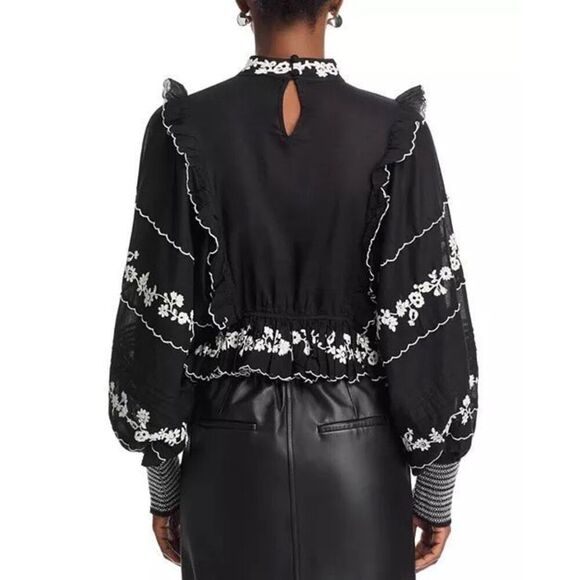 Farm Rio Women's Black White Embroidered Ruffle Long Sleeve Blouse Small NWOT - Picture 4 of 15